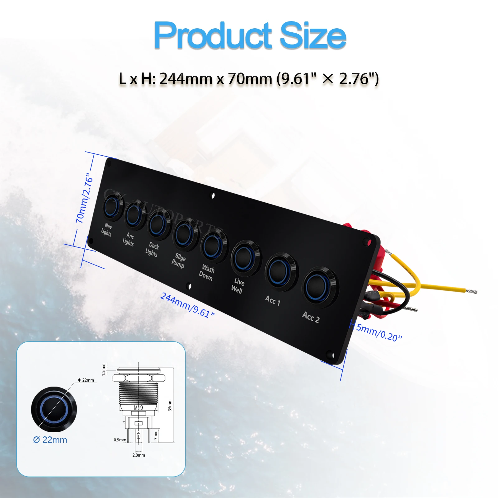 8‑Gang Blue LED Marine Switch Panel IP67 Waterproof Acrylic Plate Nav Anc Deck Wash Bilge Pump Live Well Control for Boat Yacht