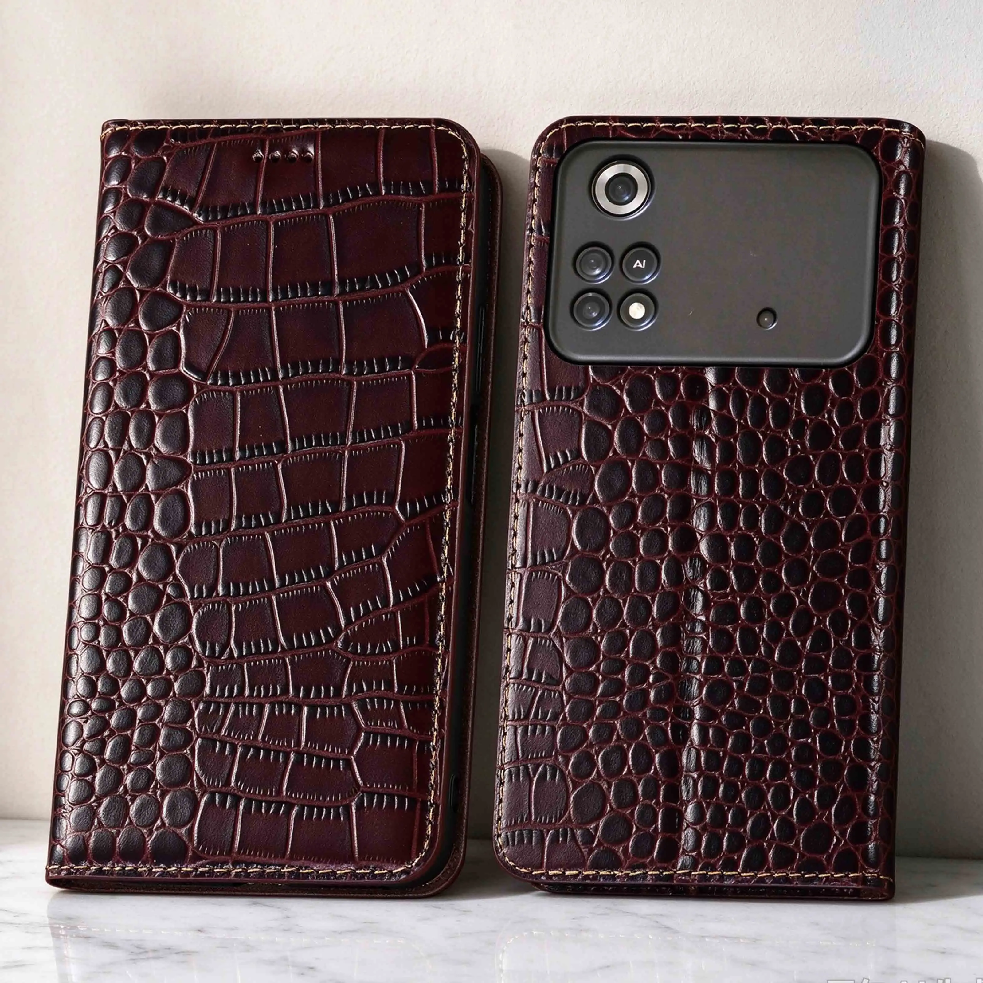 Crocodile Genuine Leather Flip Case For Xiaomi Poco M2 M3 M4 M5 M5S M6 M7 M8 M8s M8x Pro 4G 5G Power Of Phone Cover Case No-Slip