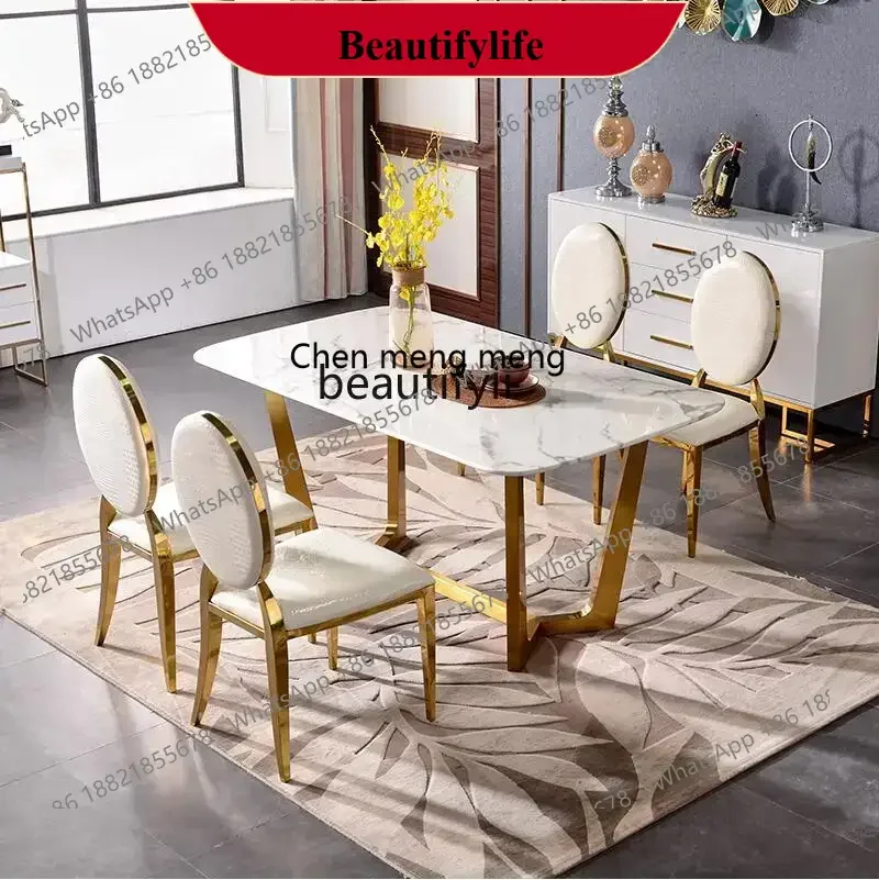 z183  Nordic marble dining table rectangular postmodern light luxury stainless steel gold-plated dining table and chairs combina