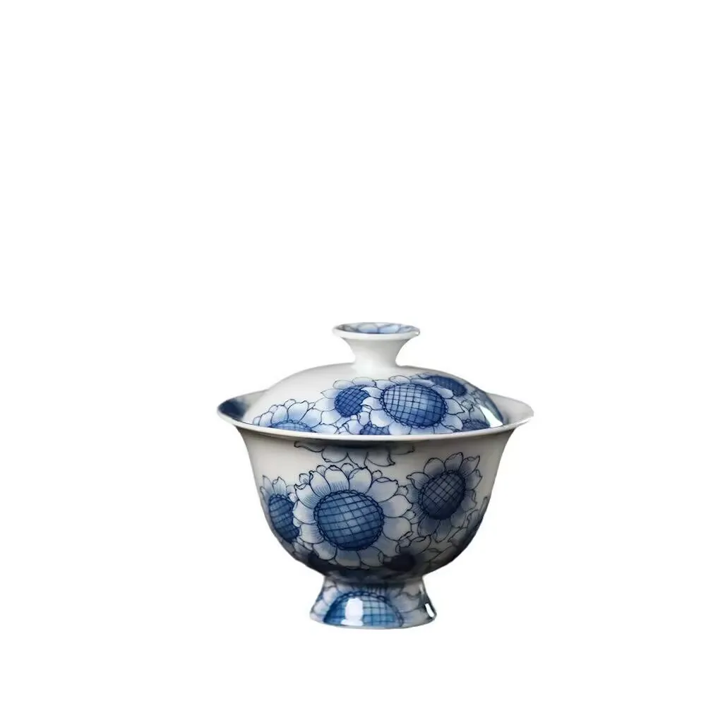 Hand-painted blue and white cover bowls in Jingdezhen, the mainland of China, thin tire, anti-scalding design, antique second-ta