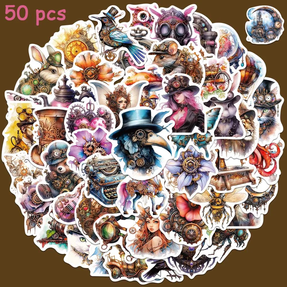 50pcs Watercolor Steam Punk Style Stickers Aesthetic Graffiti Decals For Laptop Luggage Skateboard Notebook Guitar Stickers