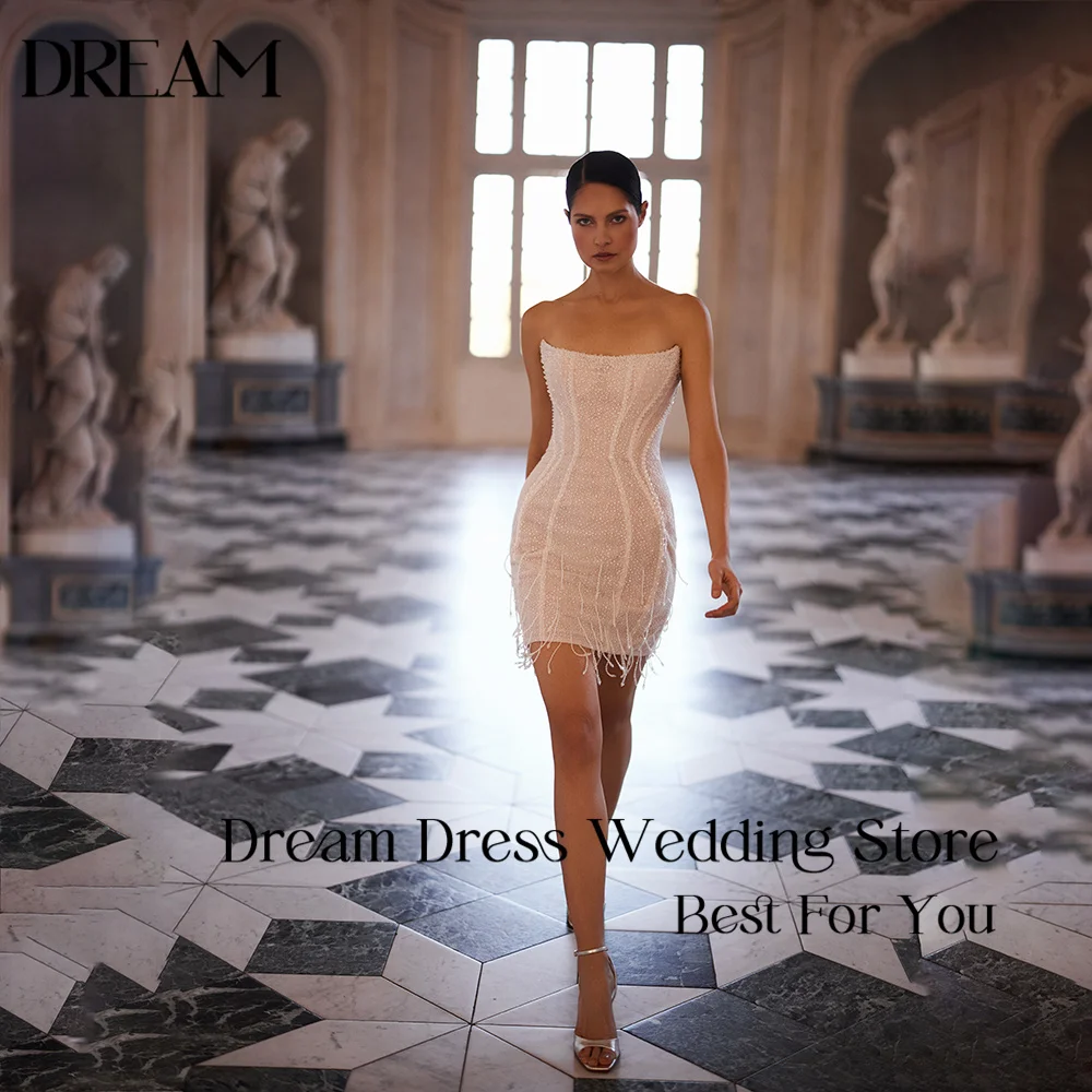 Dream Customized Glamorous Mini Dress Strapless Sweetheart Beaded Fringe Sleeveless Simple Corset Back Bodycon Party Bridal Gown