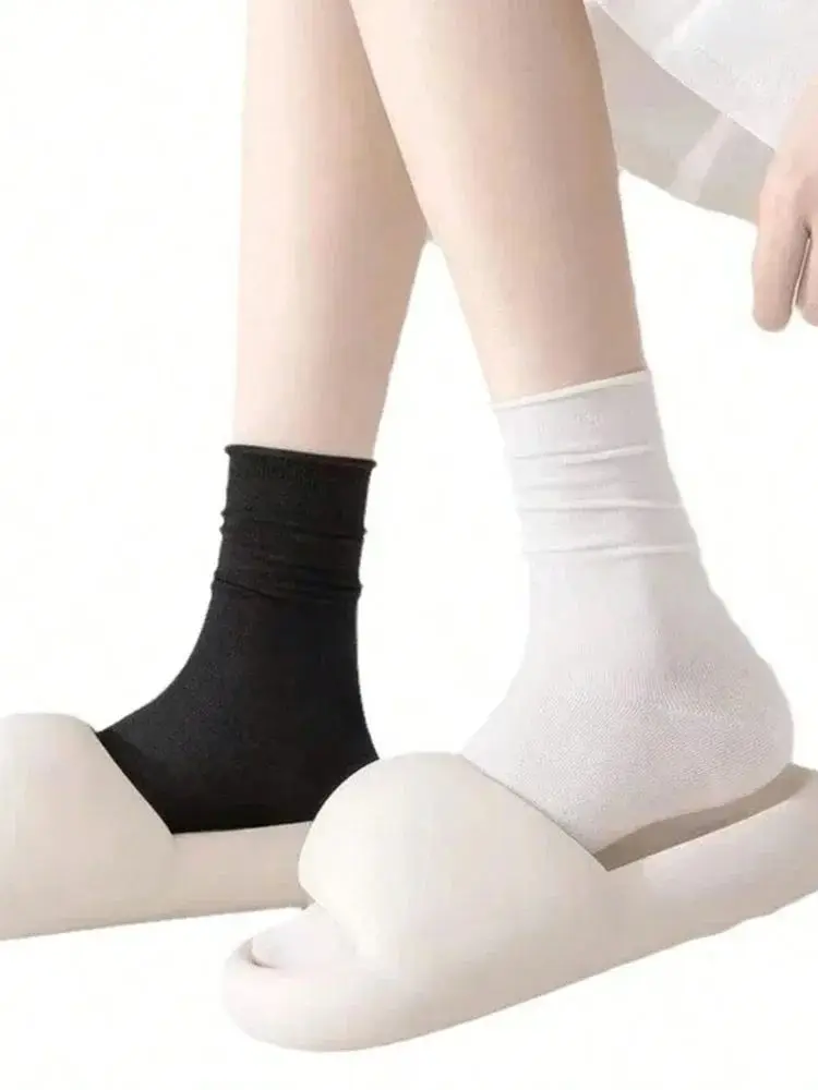 10 paires de chaussettes mi-longues pour femmes, tendance, polyvalentes, noir, blanc, couleurs unies, douces, confortables, légères, respirantes, décontractées