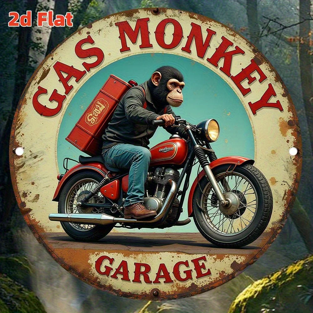 Vintage Gas Monkey Garage Wall Art - Letrero redondo de aluminio de 7,8 x 7,8 pulgadas con diseño de motocicleta Monkey Riding, ideal para el hogar, bar,