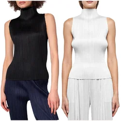 YUDX High Quality 2025 Summer New Slim Sleeveless High Collar Miyake Pleated Tops Solid Color T-shirt Women's Tank Tops In Stock