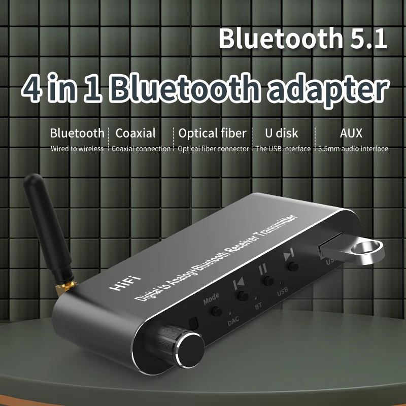 

Приемник Bluetooth 5,1, передатчик, аудиоадаптер, U-диск, воспроизведение коаксиального/оптического преобразователя 3,5 мм AUX RCA R/L ЦАП, пульт дистанционного управления