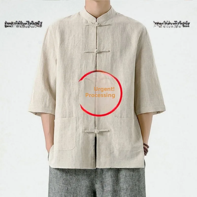 

New Chinese Sle Retro Tang Costume Linen irt Men ort Sve Cotton Linen Stand Collar Zhongan irt Thin Men's irt