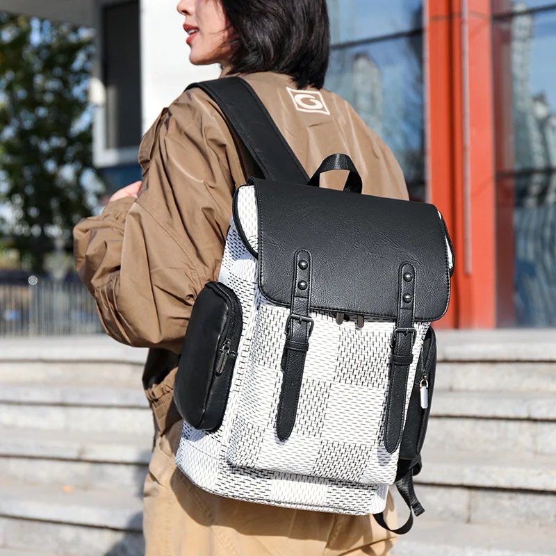 Black and White Plaid Couple Style Backpack with Leather Trim Water Resistant Fabric Suitable for Office Commute Work Trips