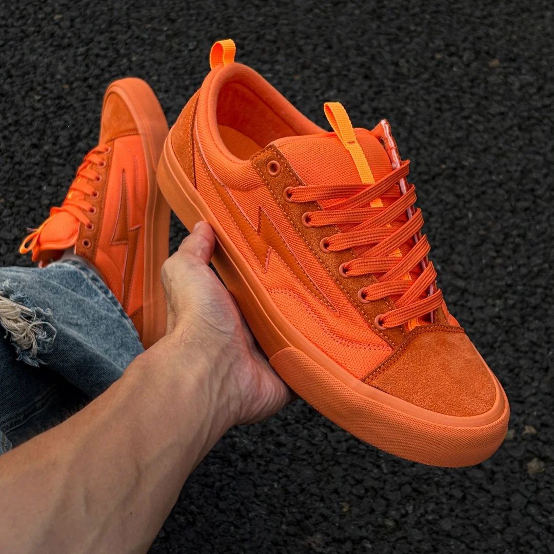 Vibrant Orange Color Block Lightning Logo Chunky Shoes, Unisex Breathable Trendy Versatile Casual Sneakers, Couple Daily Commute