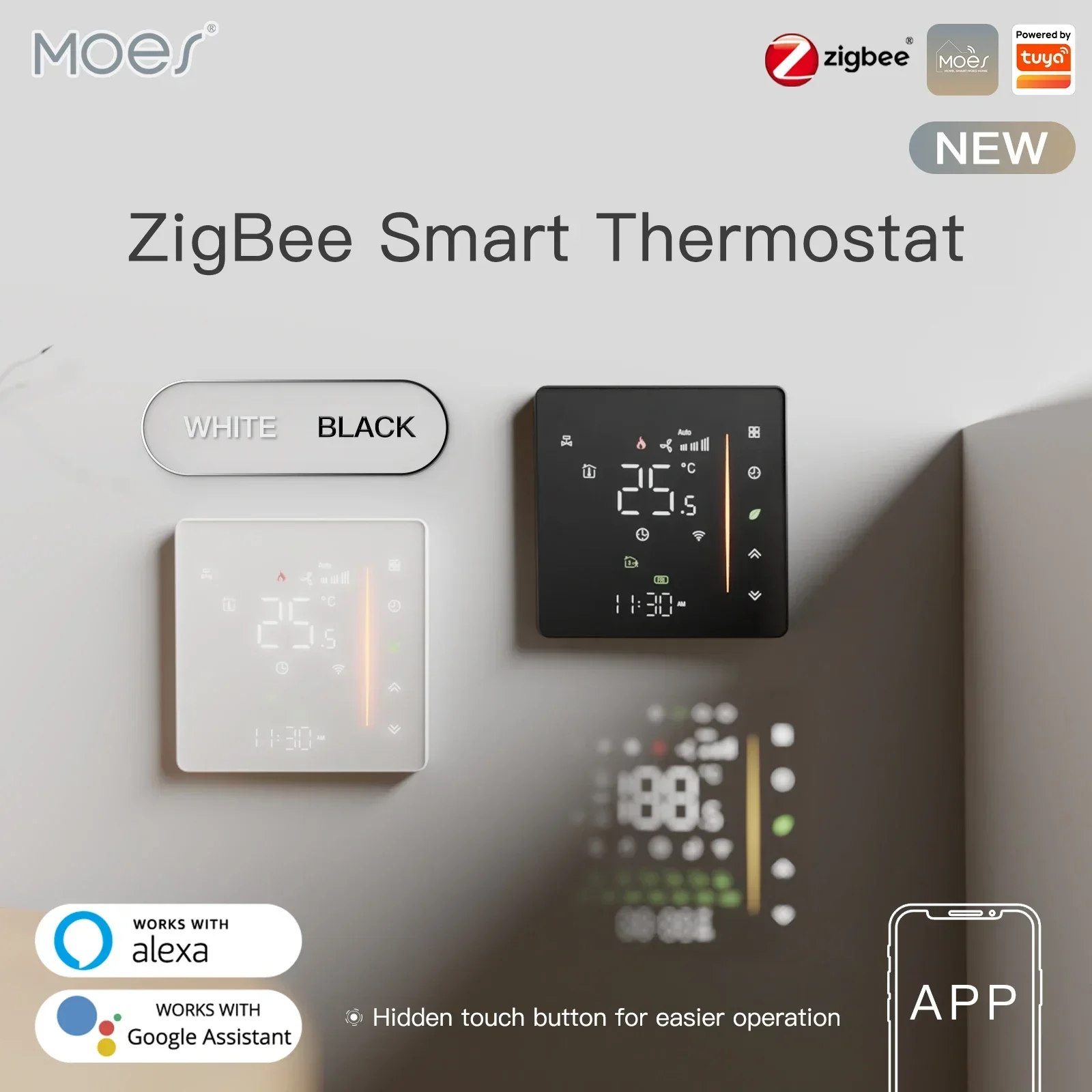 

Moes Zigbee Thermostat Room Temperature Controller of Water/Electric Floor Heating Gas Boiler Humidity Tuya Work with Alex 5A16A