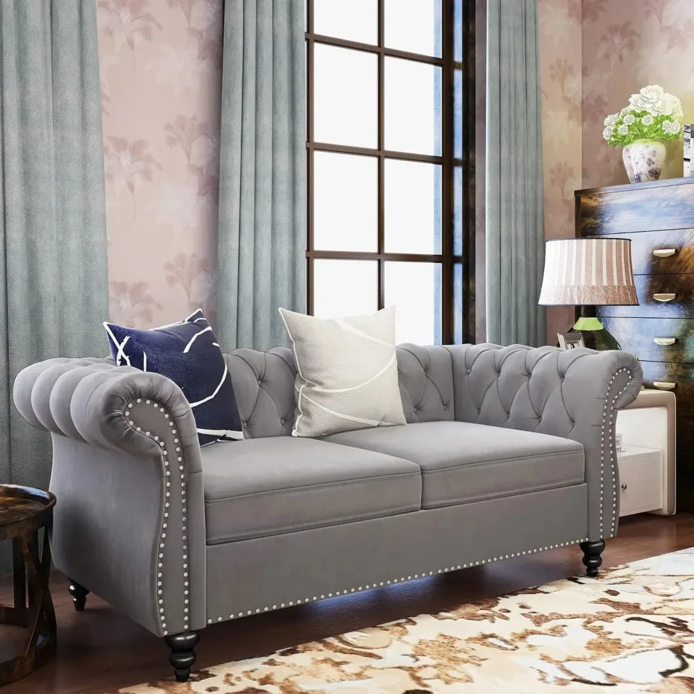 Accent Sofa, Chesterfield Loveseat Modern Velvet Couch Upholstered Sofa with Tufted Back for Living Room Furniture (Grey)