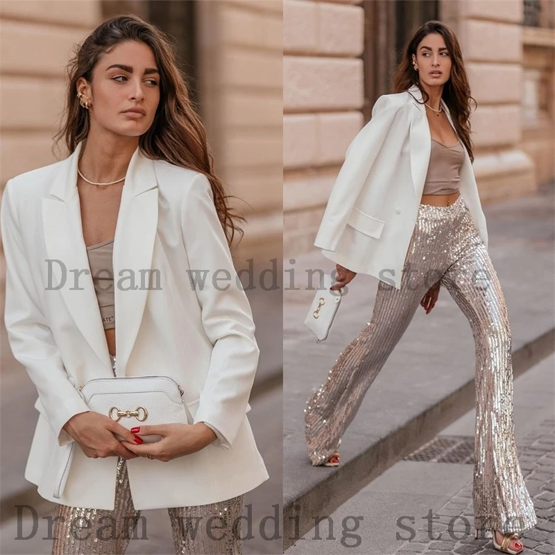 

Glitter Sequins Women Pant Suits Set 2 Pcs Blazer+Trousers Fashion Streetwear Hot Girl Custom Made Prom Party Jacket Coat