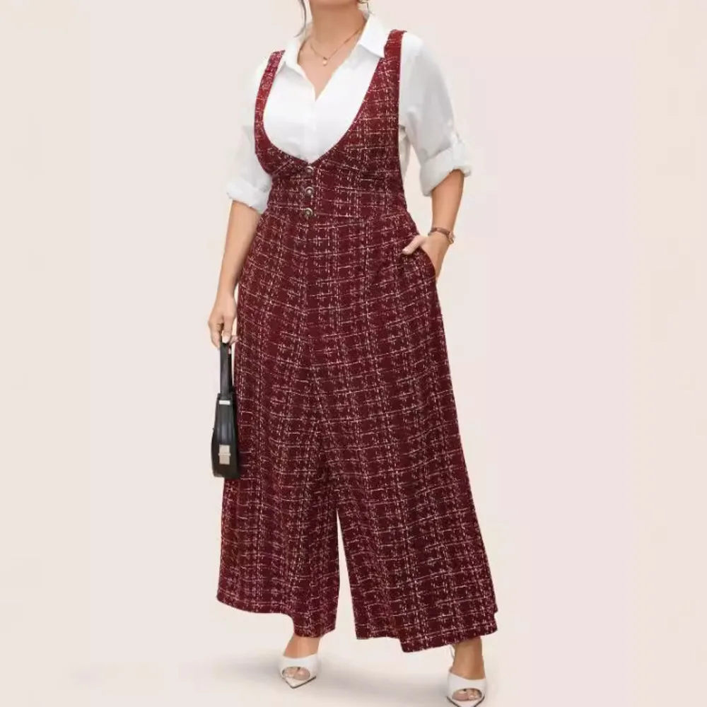 Plus Size Clothing Large Plaid Cross Back Button One Piece Outfit Women Printed Sleeveless Jumpsuit Overalls For Women New