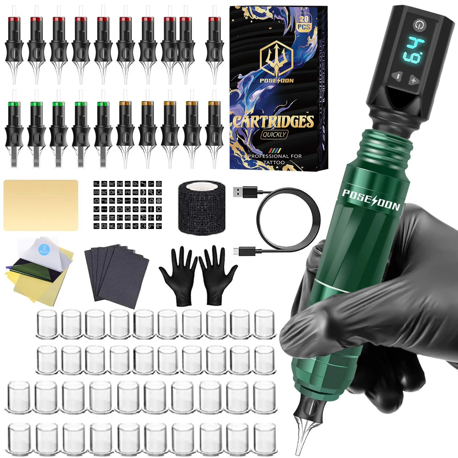 Tattoo Kit POSEIDON V5 Green Tattoo Pen Kit For Permanent Makeup Tattoo Machine Kit Good Quality Tattoo Power Supply Tattoo Gun