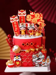 New Year's Baking Cake Topper Lion Dance Koi Boy Girl Doll Cake Decoration 2024 New Year Festive Red and Gold Happy Birthday