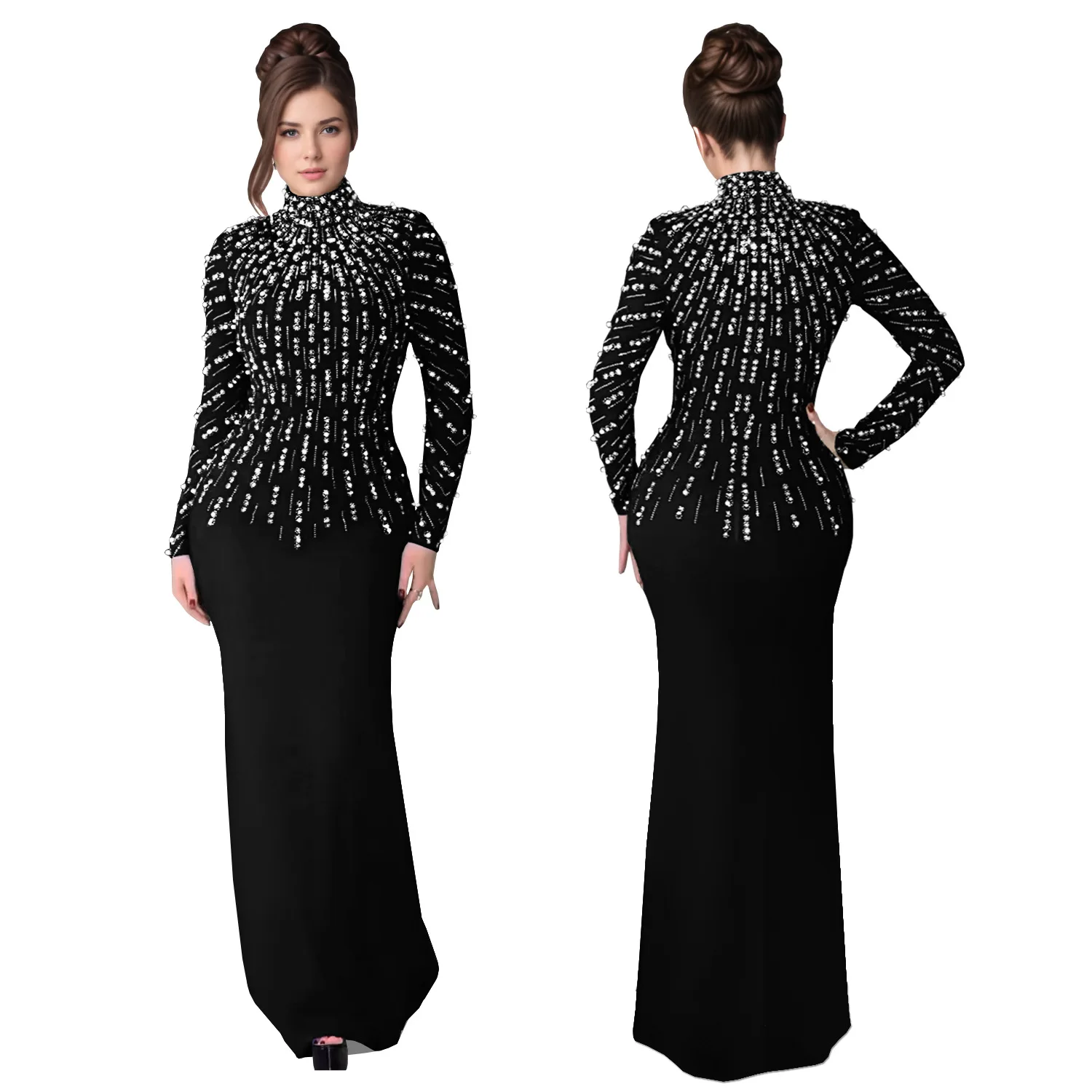 Temperament Elegant Party Diamond Pearl Long Bodycon Dress Women O Neck Long Sleeve Glitter Club Evening Black Sheath Maxi Dress