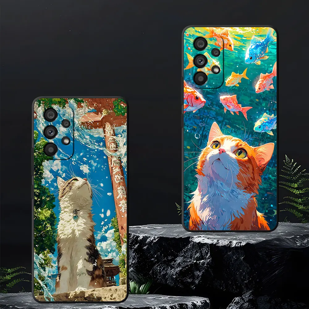 Cute Sunny Nook Cat Black Phone Case for Samsung Galaxy A16 A54 A34 A12 A14 A33 A15 A21s A53 A55 A35 A51 A11 A17 A22 TPU Cover