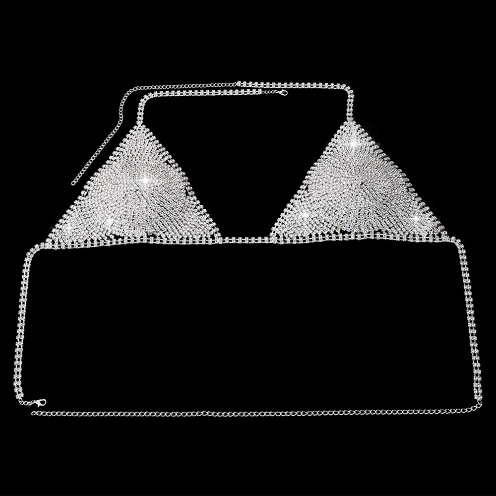XSBODY Triangle Cup Sexy Bikini Lingerie Rhinestone Bra for Ladies Nightclub Party Chest Crystal Underwear Chain Rave Jewelry