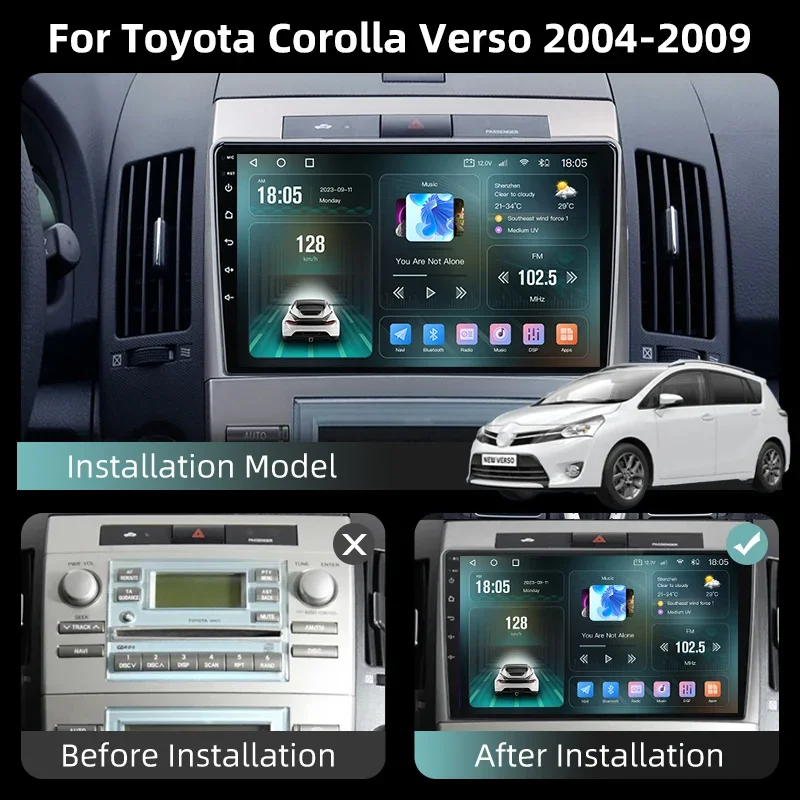 2 Din Android 13 Car Radio for Toyota Corolla Verso AR10 2004 - 2009 Multimedia Player Carplay Auto Stereo 5G WIFI GPS Head Unit