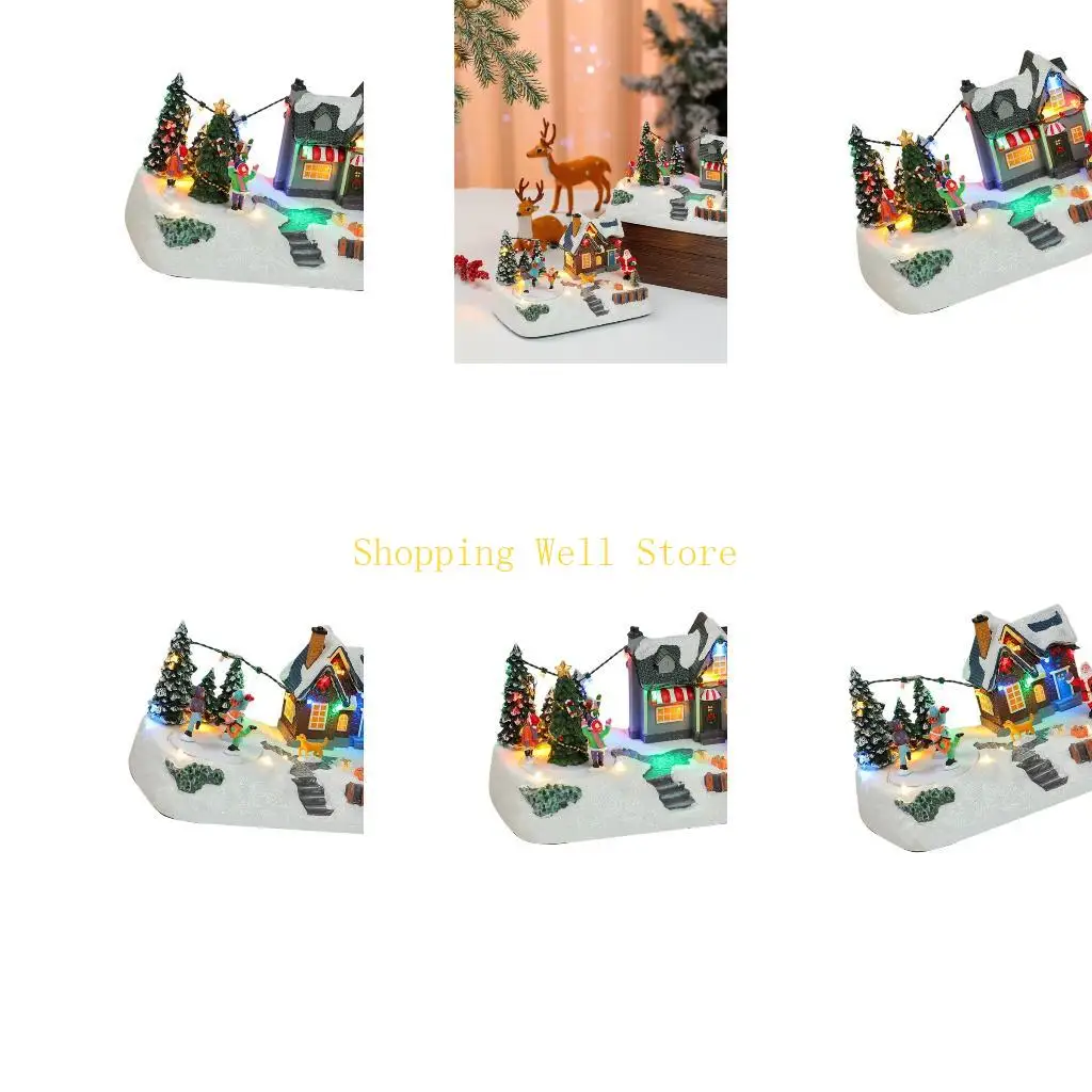 KX4B LED Light Christmas Village Scene with Rotating Figure Collection Figurines