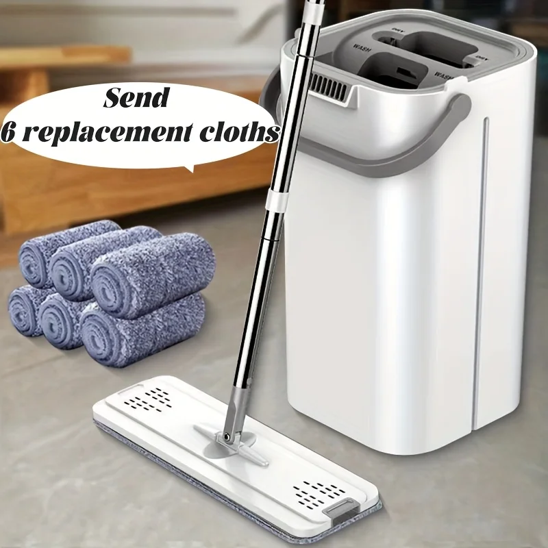 Self-Wringing Flat Mop with Bucket - Dry Wet Clean for Home Floors Kitchen Bathroom Durable Plastic Christmas Cleaning