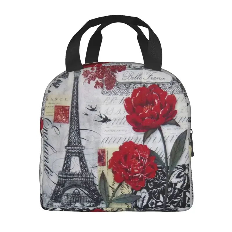 France Paris Eiffel Tower Insulated Lunch Bags for Outdoor Picnic Flower Pink Portable Cooler Thermal Lunch Box Women Children