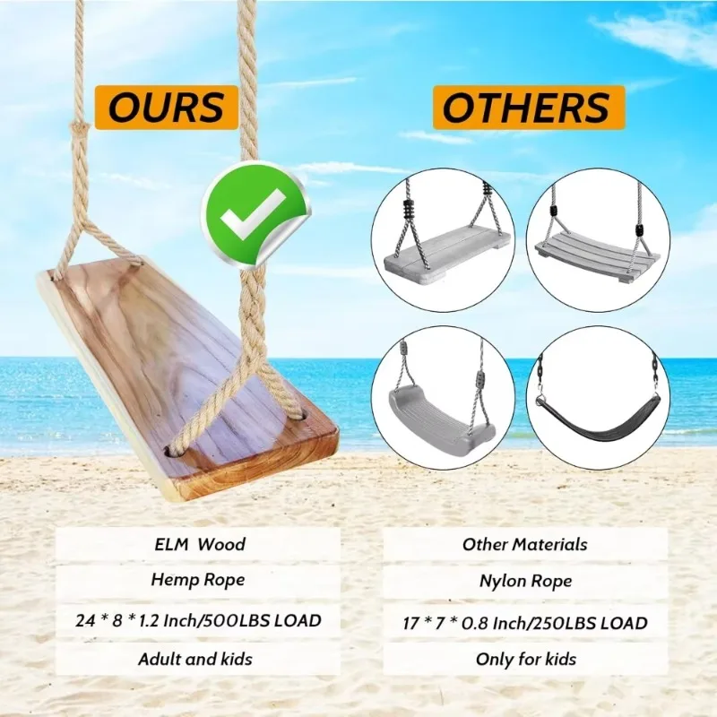 

24"x 8"x 1.2,500lbs outdoor Wooden Swing, Adjustable Hemp Rope & Extension Tree Straps 100 inch, outdoor Wooden Swing