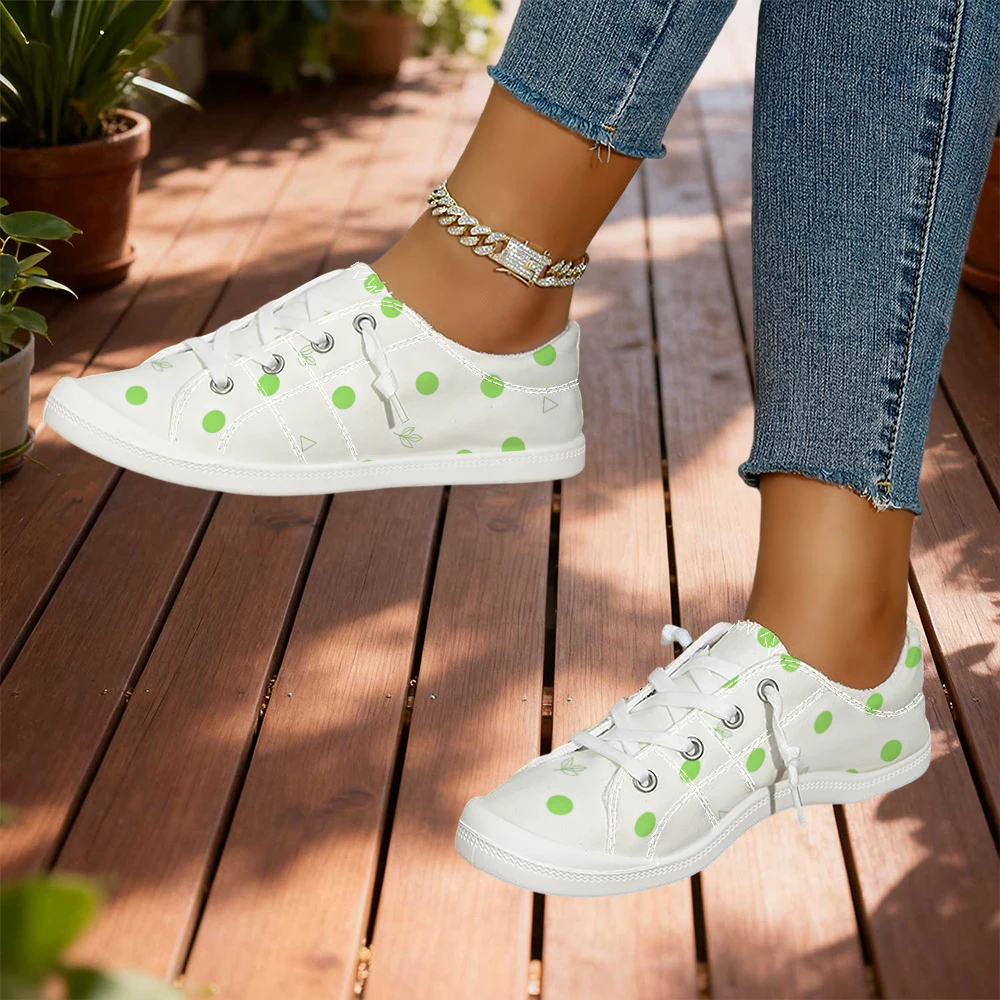 White Base Green Polka Dot & Leaf Print Low Top Casual Shoes For Women Lace Up Soft Sole Breathable Daily Walking Shoes view 3