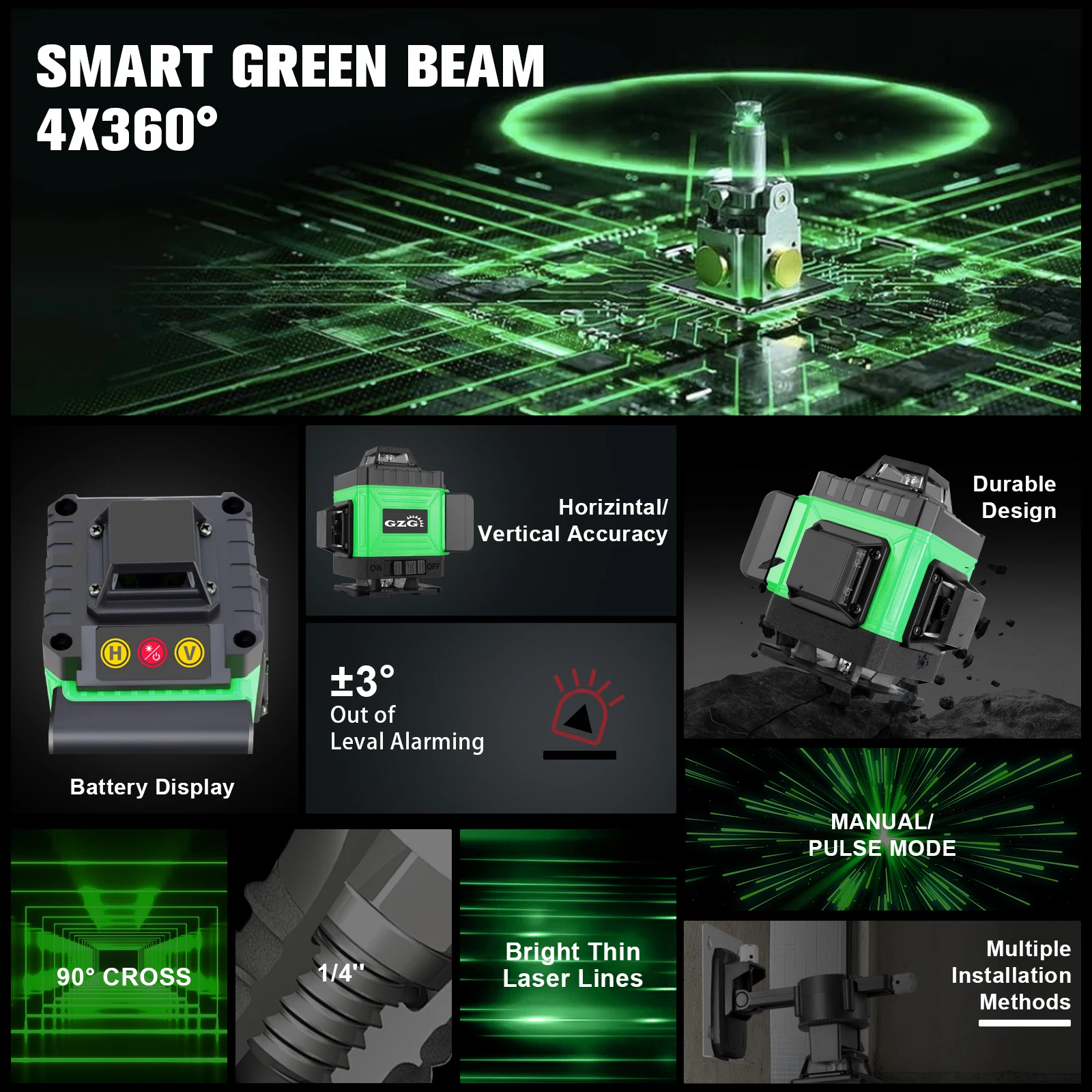 GZG 16-Line Laser Level Pro, USB Cable 18650 Lithium Battery, 0.4-1mW Green Beam for Construction, DIY Projects