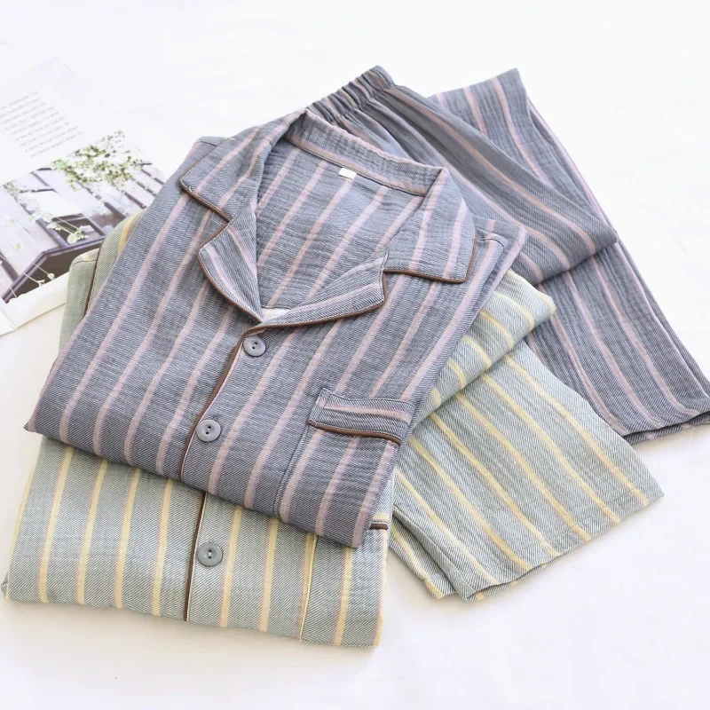 Conjunto de pijamas masculinos com tira crepe, camada dupla de fio de algodão, casual, calças de manga comprida, gola virada para baixo, roupa de dormir