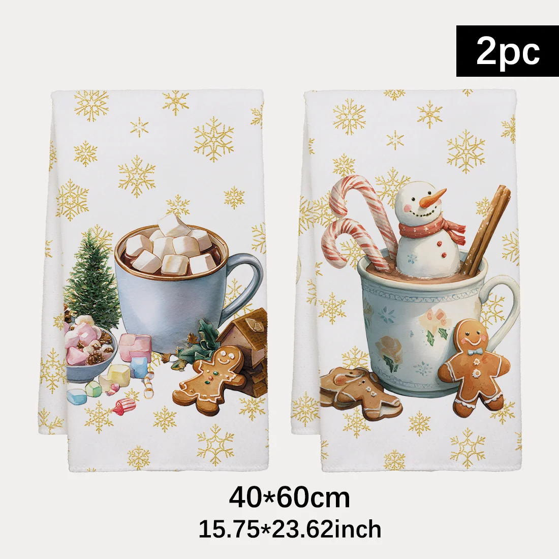 2PCS Christmas Snowman Marshmallow Snowflake Gingerbread Biscuit Kitchen Towels Dish Christmas Decor 40x60cm