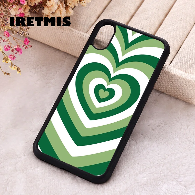 Iretmis Phone Cover Case For iPhone X XS Max XR 11 12 13 PRO MINI 14 15 16 Plus Rubber Silicone Matcha Love  Green Hearts