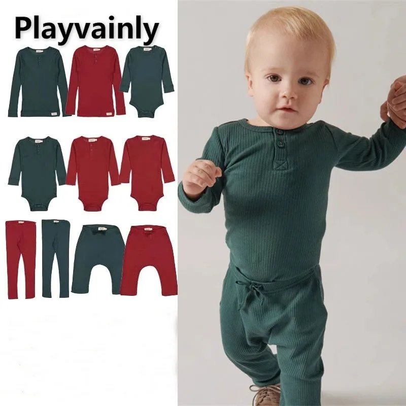 

Рождественская одежда для маленьких девочек и мальчиков, весенне-осенний комбинезон с длинными рукавами и круглым вырезом, красный, зеленый, мягкий дышащий боди, базовый комбинезон для младенцев A5296