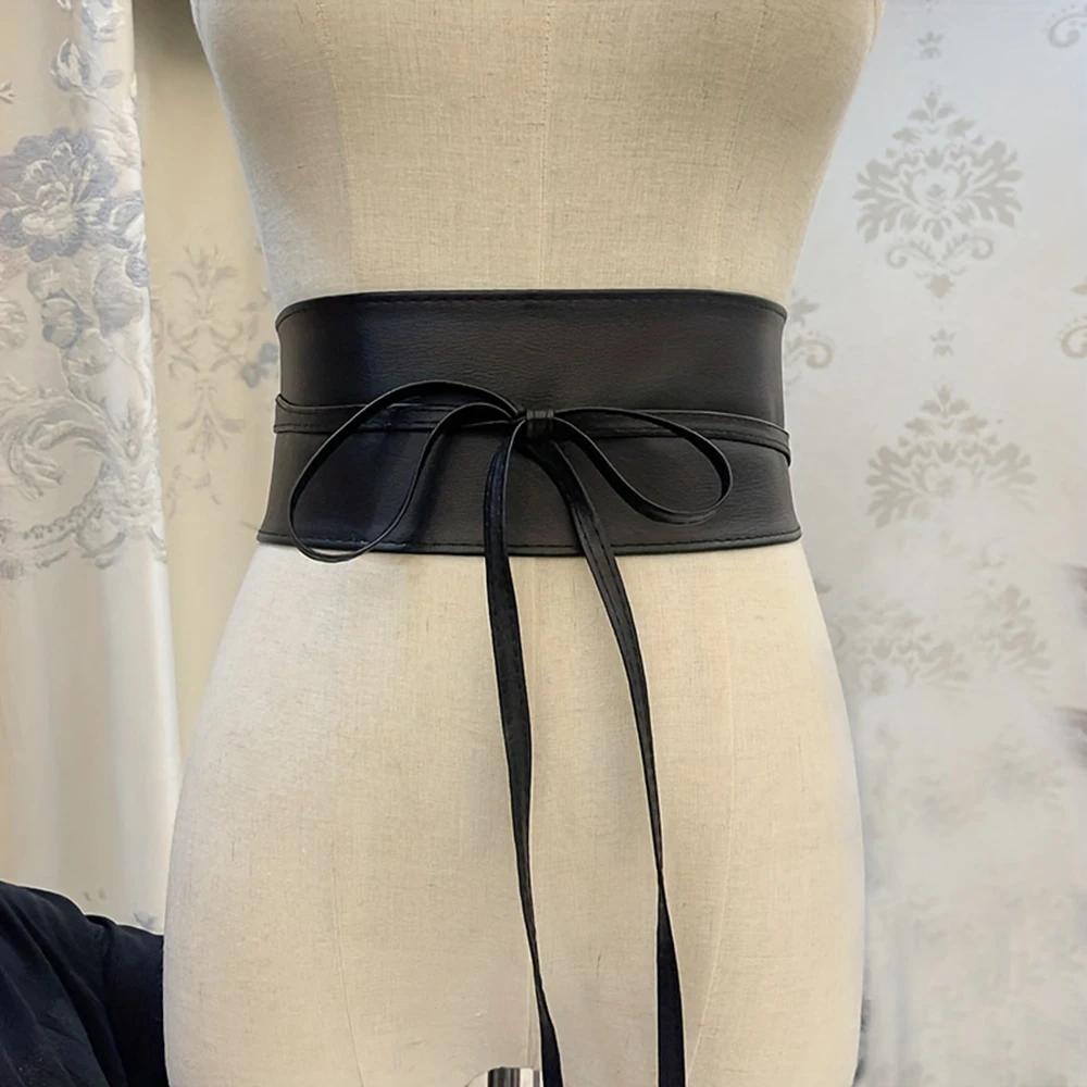 

Women Lace-up Waist Belt Pu Leather Wide Self Tie Bowknot Corset Belt Dress Sweater Decorative Body Shaping Girdle Belt