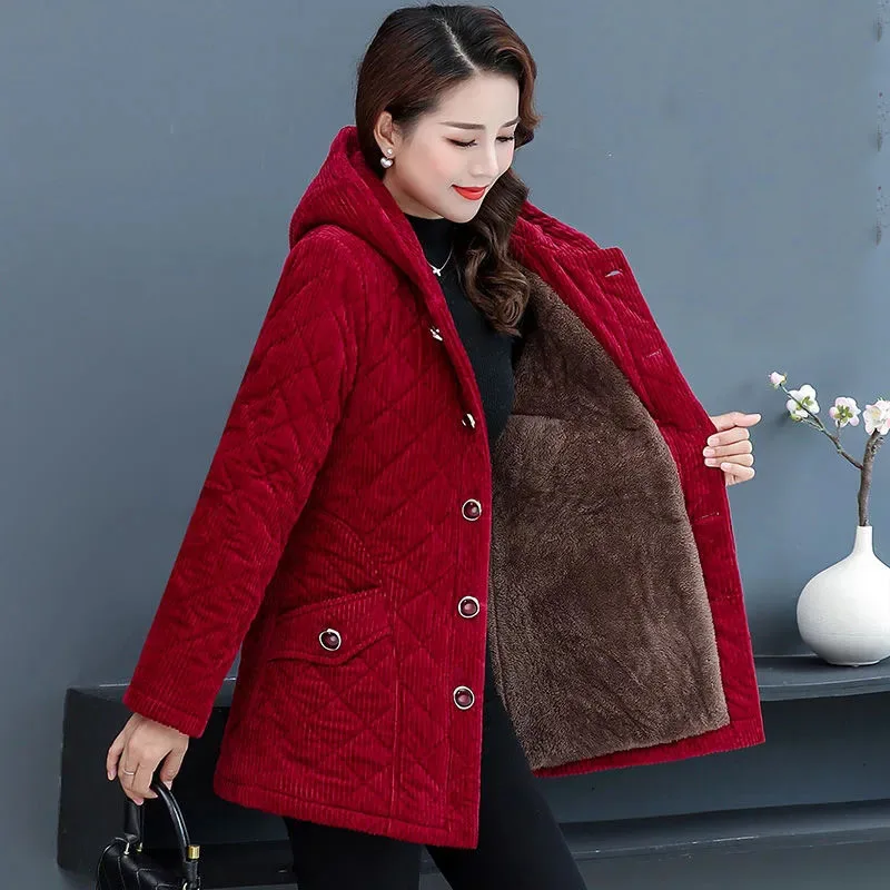 Women Corduroy Jackets 2024 New Autumn Winter Solid Loose Outwaer Female Casual Middle-aged Thicken Warm Hooded Female Overcoats