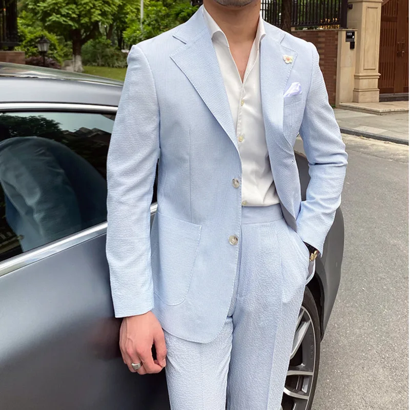 2022 Summer Thin Men Leisure Blue Striped Seersucker Suit British Gentry Suit Men Suit Business Tuxedos Slim Fit Groom Men Suit