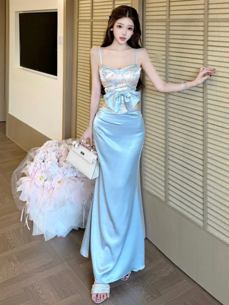 

French style sexy floral fish bone slimming temperament backless lace up camisole hip hugging fishtail skirt two piece set