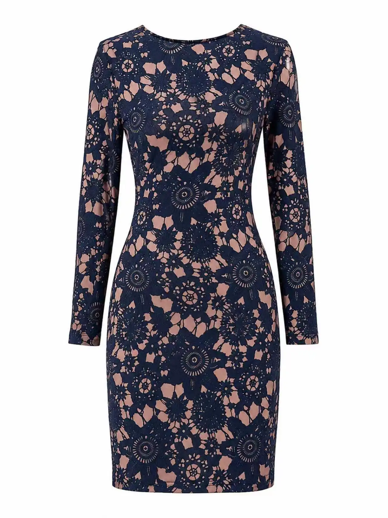 Damen Marineblau Blumenmuster Rundhals Langarm Bodycon Club Cocktail Slim Fit Mini-Kleid – Detail 3