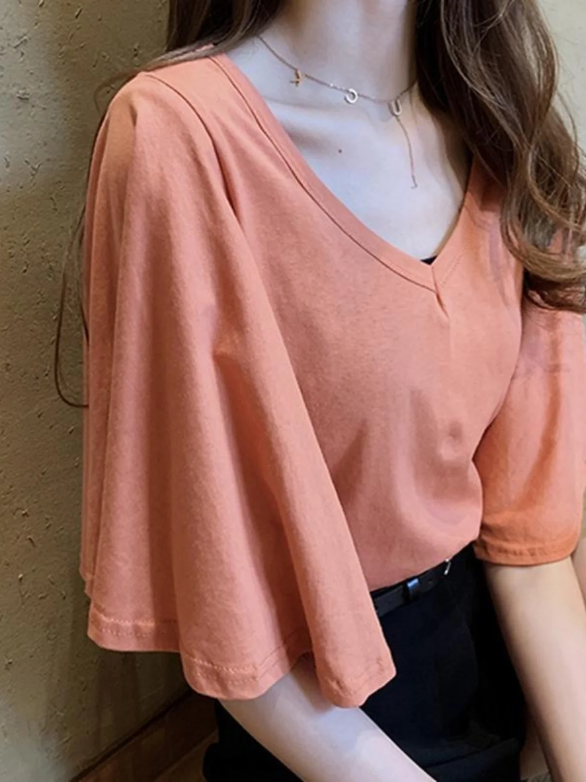 plus Size Korean Style Short Sleeve T-Shirt Women Summer Loose V-Neck Belly Covering Slimming Pure Color Top Commute Fashion