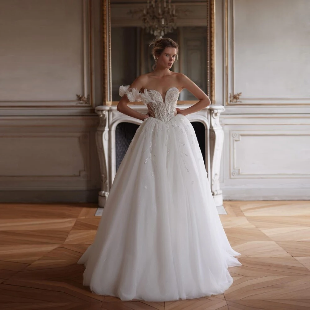 

Delicate Sleeveless Women Wedding Dresses Sweetheart Collar Lace Print A-Line Bridal Gowns Banquet Vestidos De Novias Customized