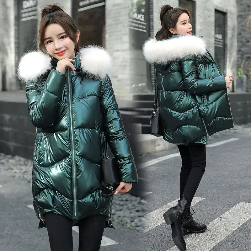 2023 Autumn Winter Hooded Fur Collar Warm Cotton-padded Coat Women Korean Fashion Waterproof Oversized Coat Casual Basic Outwear