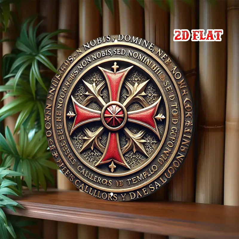 [2D Flat] 1pc Knights Templar Round Aluminum Sign - Rustic Metal Wall Art with Red Cross Frame, Latin Inscription, Ideal for Hom