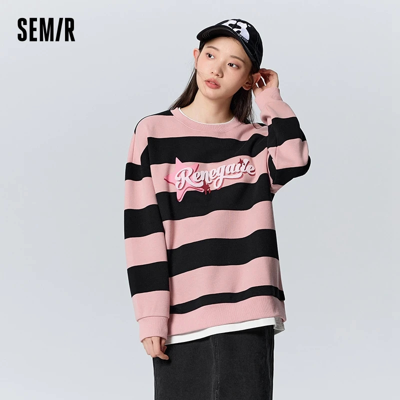 Semir Sweatshirt Women Mid-Length Spliced Pullover Sweet Cool Winter Trendy Loose Letter Striped Shirt