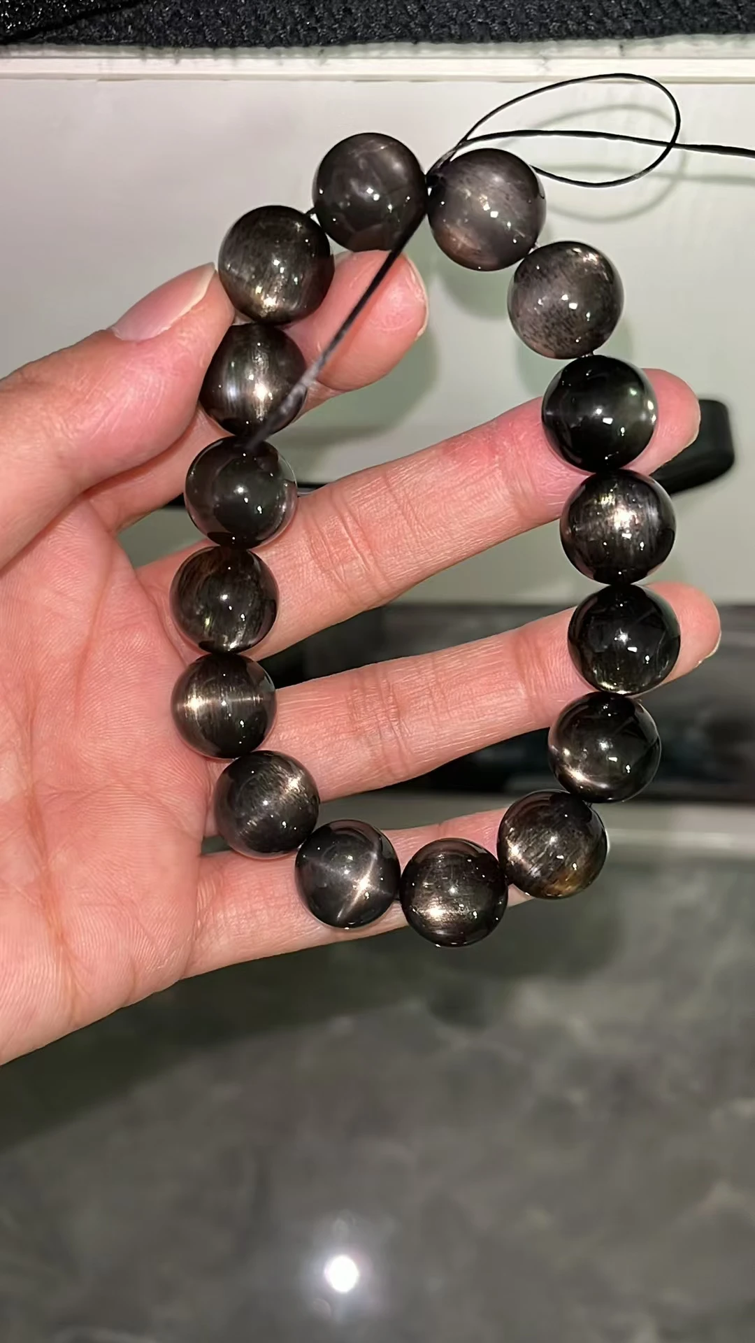 Natural Black Sunstone Moonstone Beads Bracelet 13.2mm Big Size Women Men Stretch Flash Light Crystal Clear Round Beads AAAAAA