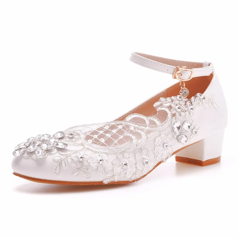 Women Pumps New High Heels Round Toe Wedding Lace Rhinestone PU 3.5CM Square Heel Buckle Strap Bride Pumps Outdoor Shoes