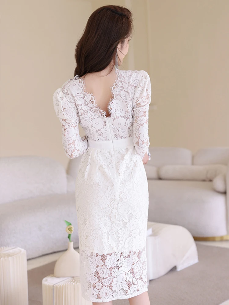 Sweet Elegant Sexy Dresses for Women 2023 White Black Sheer Lace Hook Flowers Hollow Ruffles Slit Midi Robe Party Office Vestido