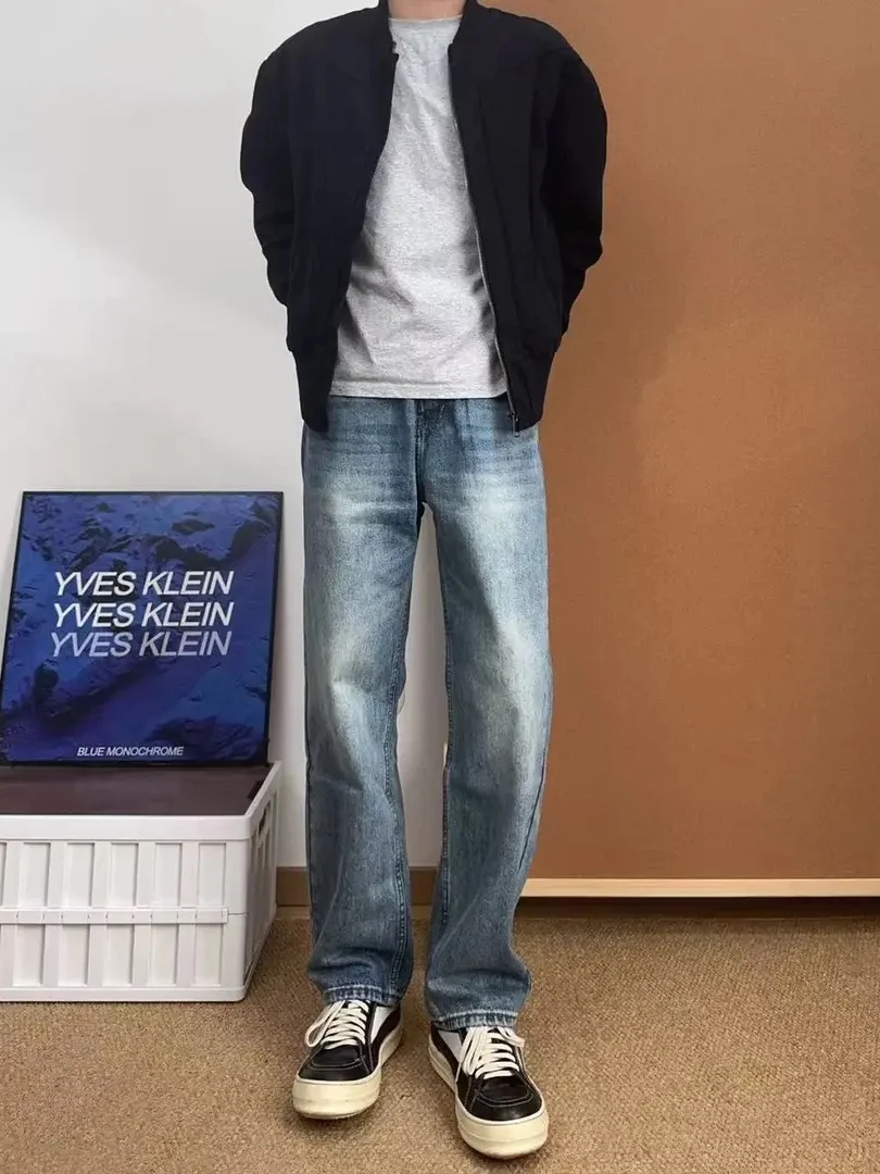 

Retro Blue American Sle Flared Jeans Men's Winter High Street Vibe Knife Fce Lined Elevated Straight Leg Pants