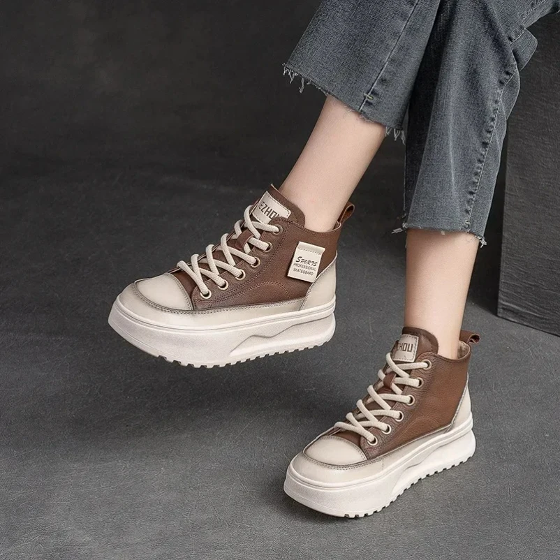 2025 حجم 35-40 النساء بوط من الجلد الطبيعي جولة تو منصة كعب السيدات أحذية أنيقة ربيع الخريف أحذية رياضية #2