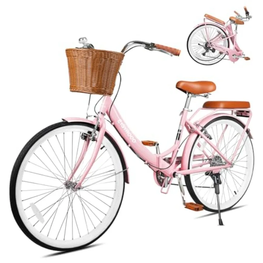 

26 Inch Folding Beach Cruiser Bike for Women with 7-Speed Gears Lightweight Foldable City Bicycle Featuring Integrated Basket a