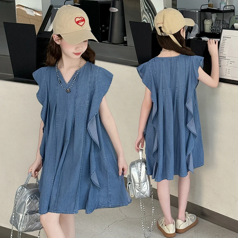 

Elegant Blue Kids Summer Strapless Denim Dress with Ruffles for Girls Casual Flounce Dresses in Denim Outfits For Teenager Child
